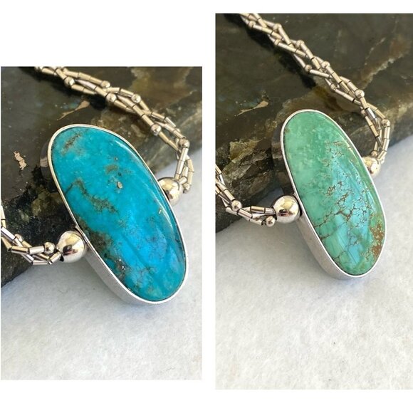 Sterling Silver 925 SWS Reversible Green Blue Turquoise Braided Chain Necklace - Picture 5 of 16